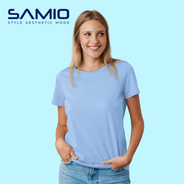 Model wearing plain powder blue cotton t-shirt