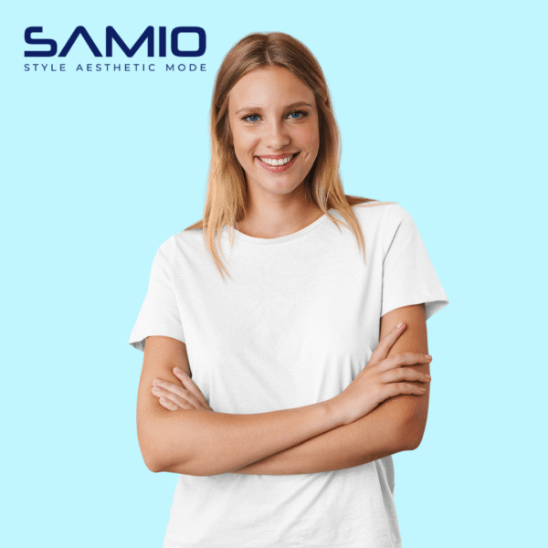 Model wearing plain white cotton t-shirt