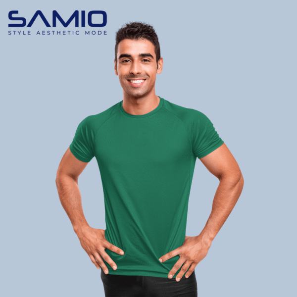 Man wearing plain bottle green cotton t-shirt