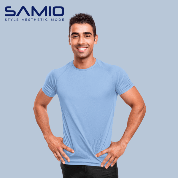 Man wearing plain powder blue cotton t-shirt